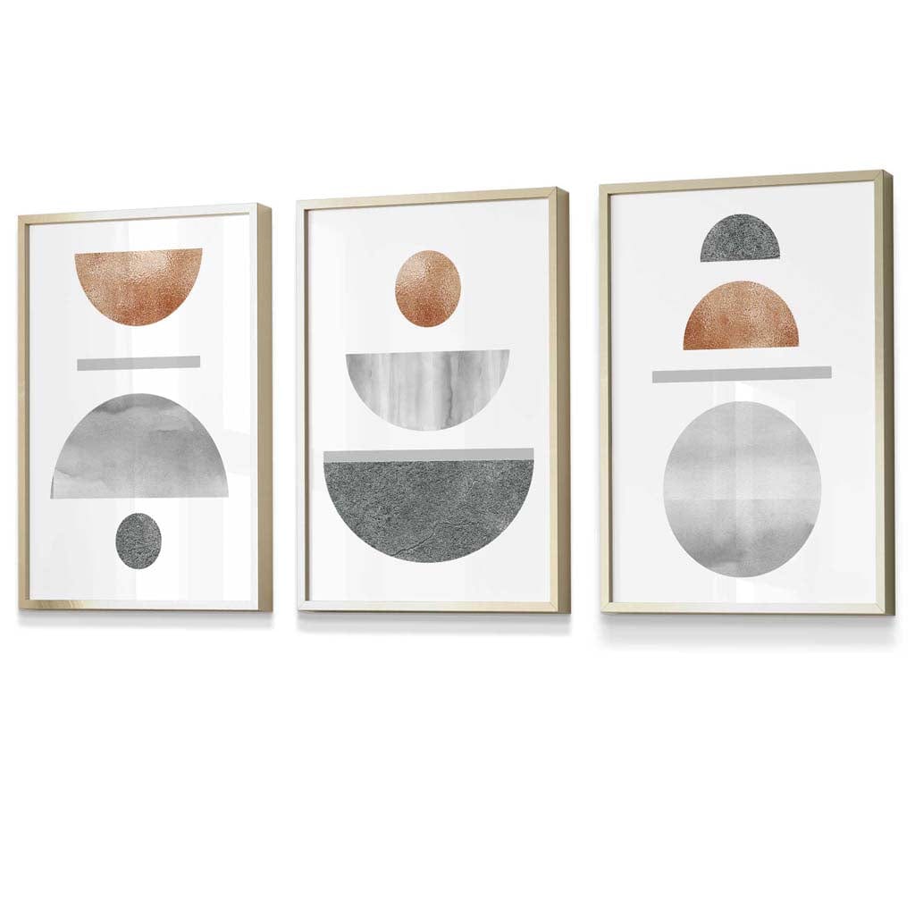 Copper and Gray Abstract Mid Century Geometric Set of 3 Framed Wall Art | Bowlift