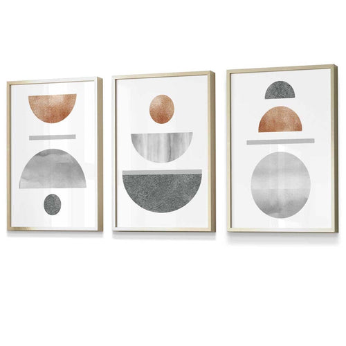 Copper and Gray Abstract Mid Century Geometric Set of 3 Framed Wall Art | Bowlift
