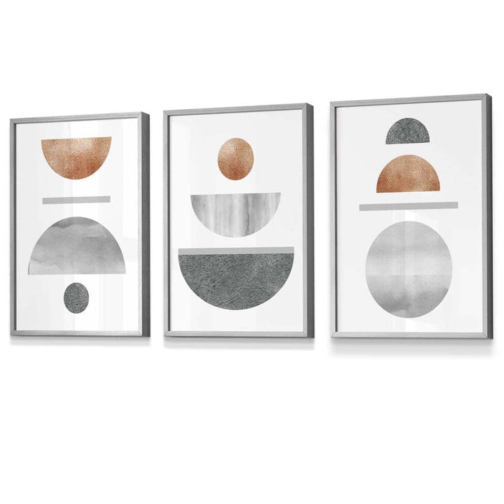 Copper and Gray Abstract Mid Century Geometric Set of 3 Framed Wall Art | Bowlift