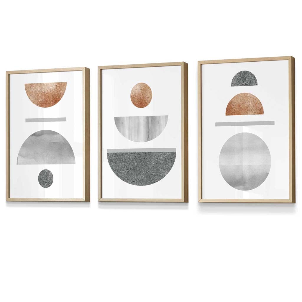 Copper and Gray Abstract Mid Century Geometric Set of 3 Framed Wall Art | Bowlift