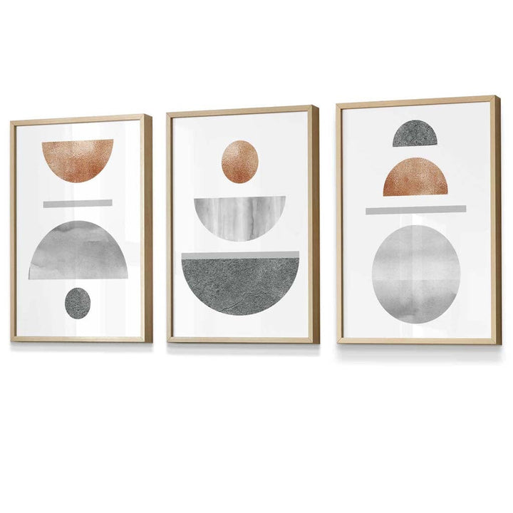 Copper and Gray Abstract Mid Century Geometric Set of 3 Framed Wall Art | Bowlift