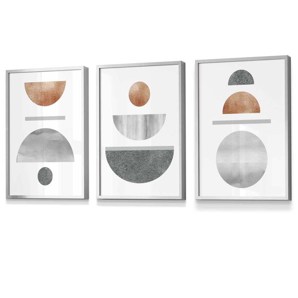 Copper and Gray Abstract Mid Century Geometric Set of 3 Framed Wall Art | Bowlift