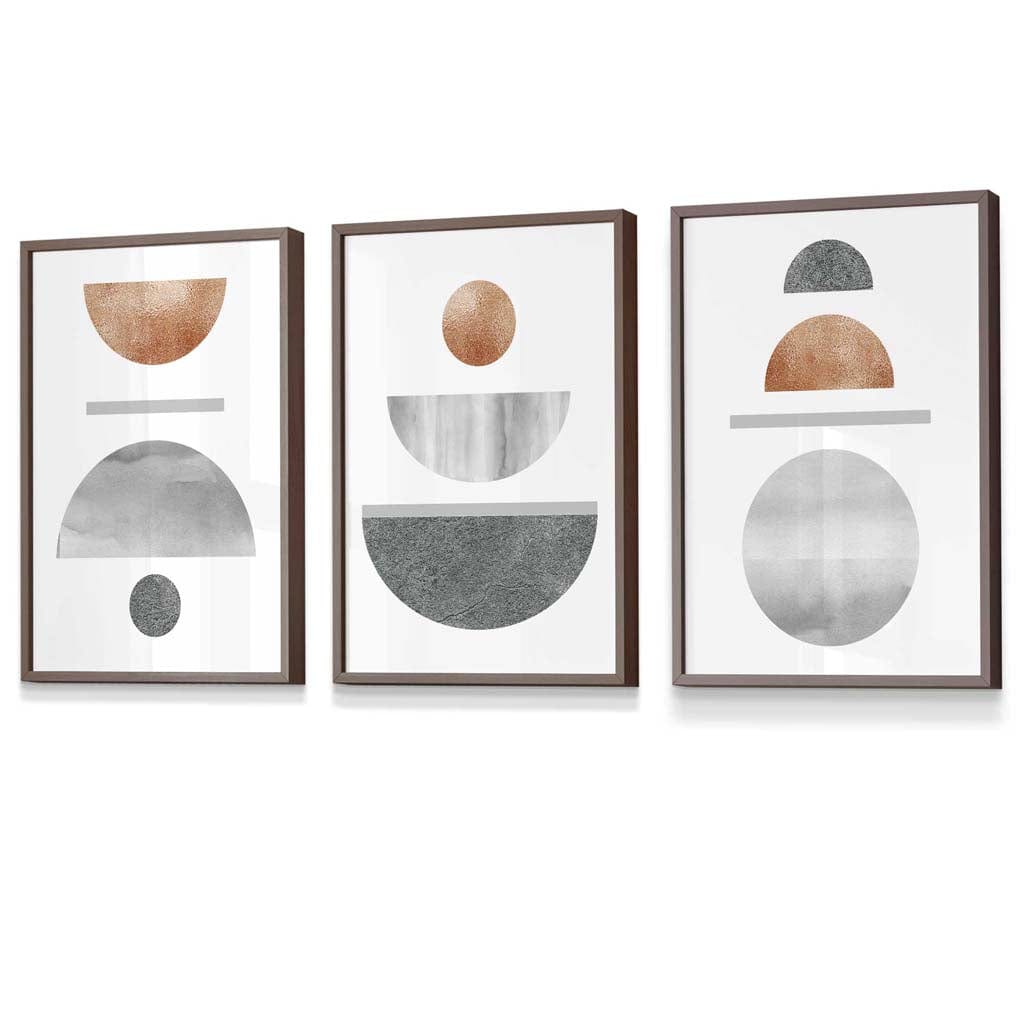 Copper and Gray Abstract Mid Century Geometric Set of 3 Framed Wall Art | Bowlift