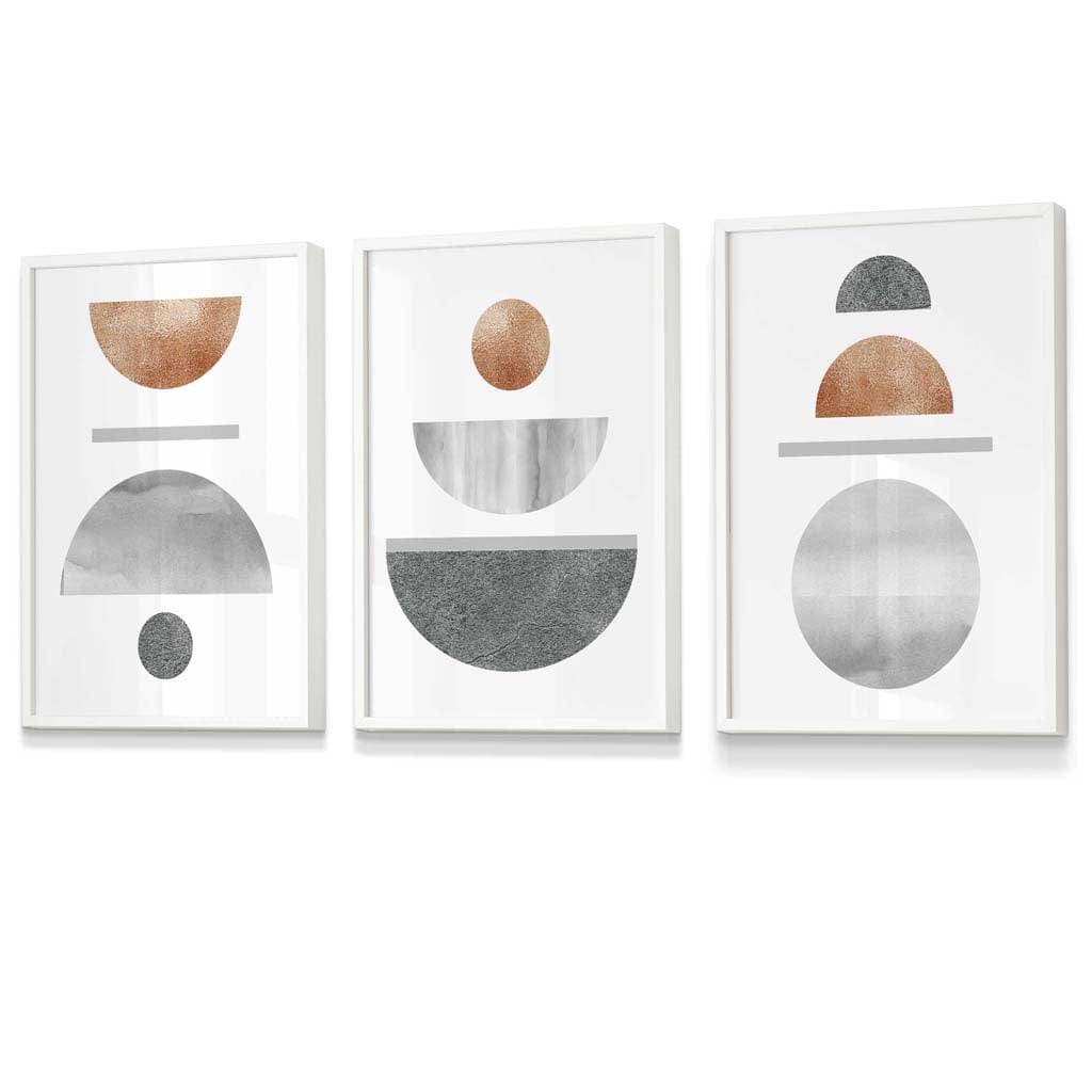 Copper and Gray Abstract Mid Century Geometric Set of 3 Framed Wall Art | Bowlift