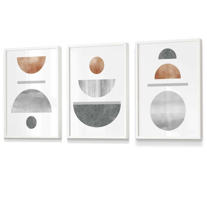Copper and Gray Abstract Mid Century Geometric Set of 3 Framed Wall Art | Bowlift
