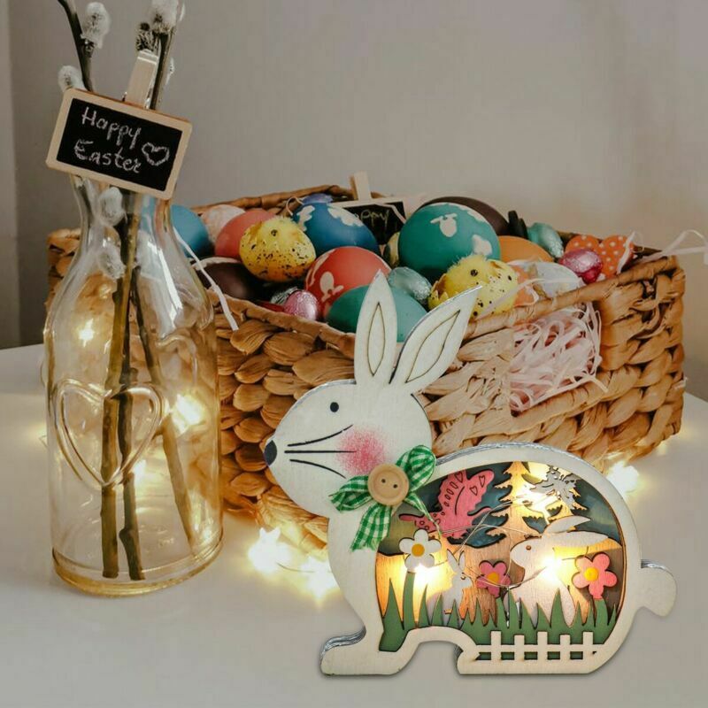 Easter Wooden Ornaments with LED Light Bunny Rabbit Tabletop Easter Decorations | Bowlift