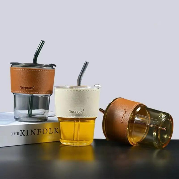Drinking Glass Cup With Straw & Lid 400ML Bowlift