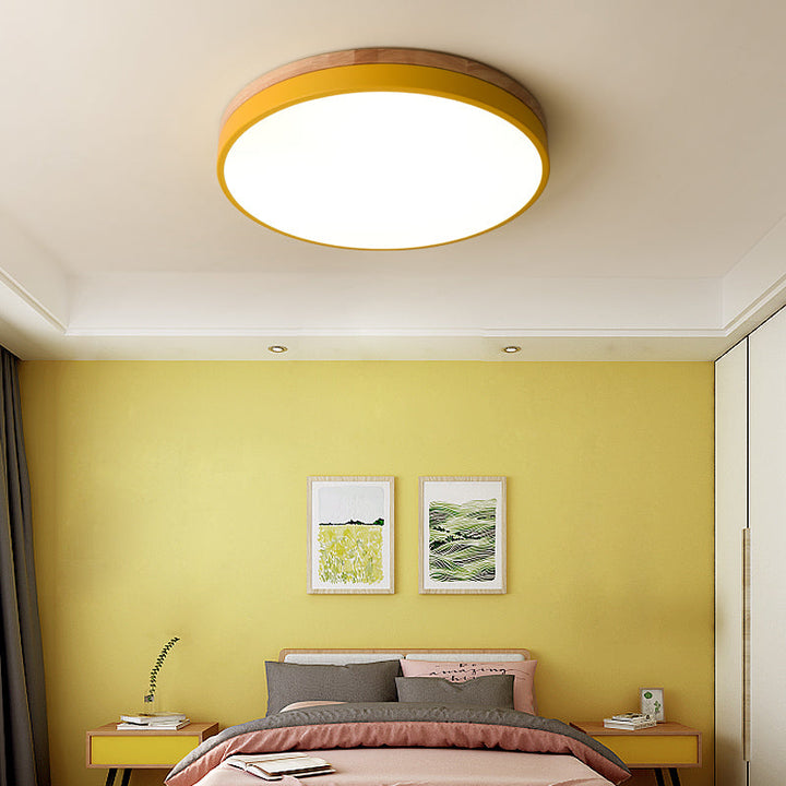 BowLift | Wooden Round Shape Flush Ceiling Light | LED. Solid Wood & Iron for Living Room. Dining Room & Hallway