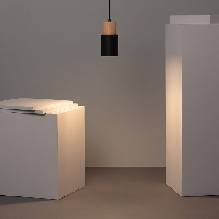 BowLift | Pendant Light Modern Wood Black Cylinder Fixture