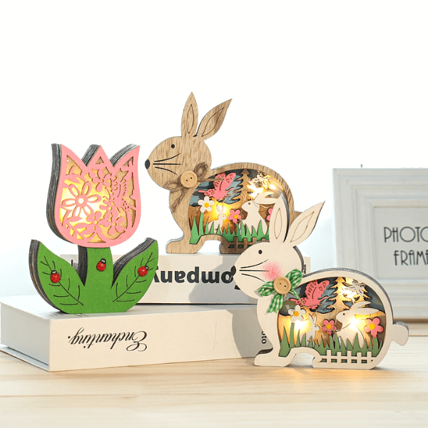 Easter Wooden Ornaments with LED Light Bunny Rabbit Tabletop Easter Decorations | Bowlift