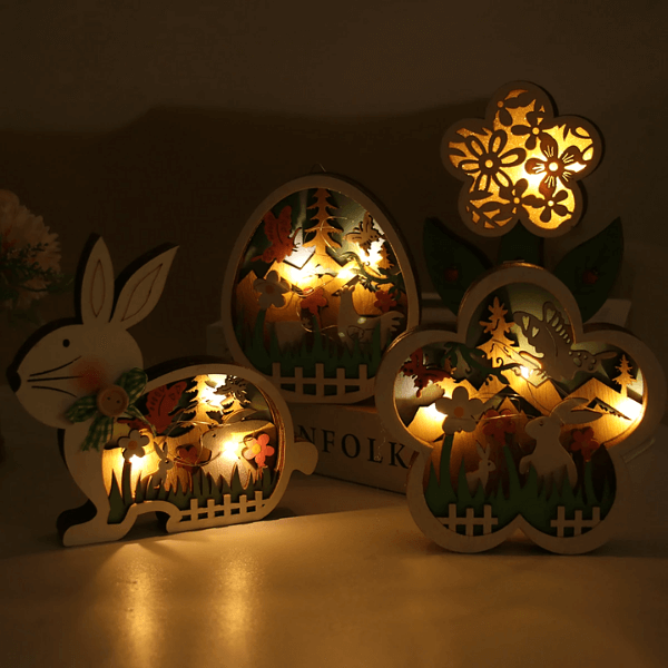 Easter Wooden Ornaments with LED Light Bunny Rabbit Tabletop Easter Decorations | Bowlift