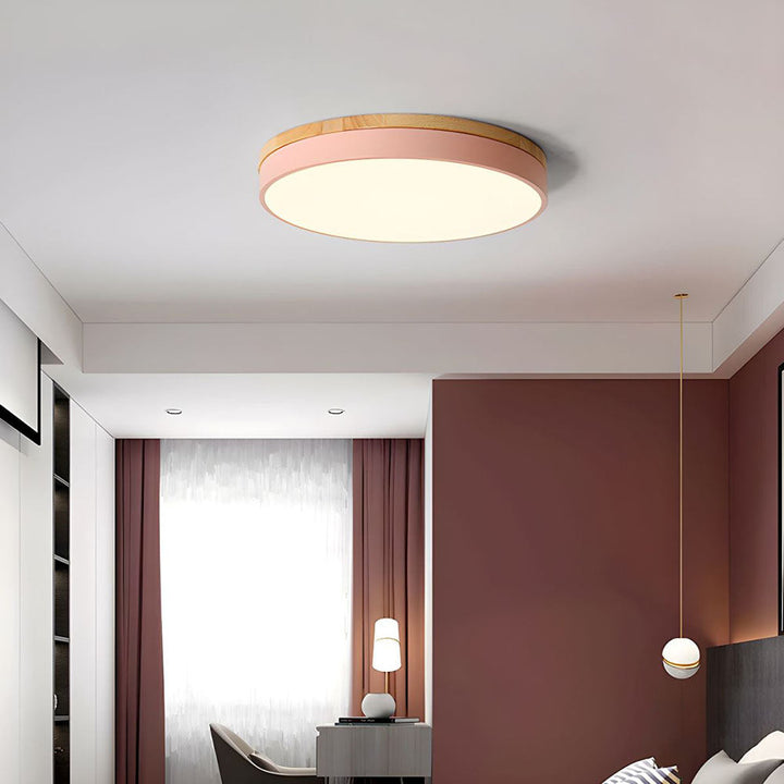 BowLift | Wooden Round Shape Flush Ceiling Light | LED. Solid Wood & Iron for Living Room. Dining Room & Hallway