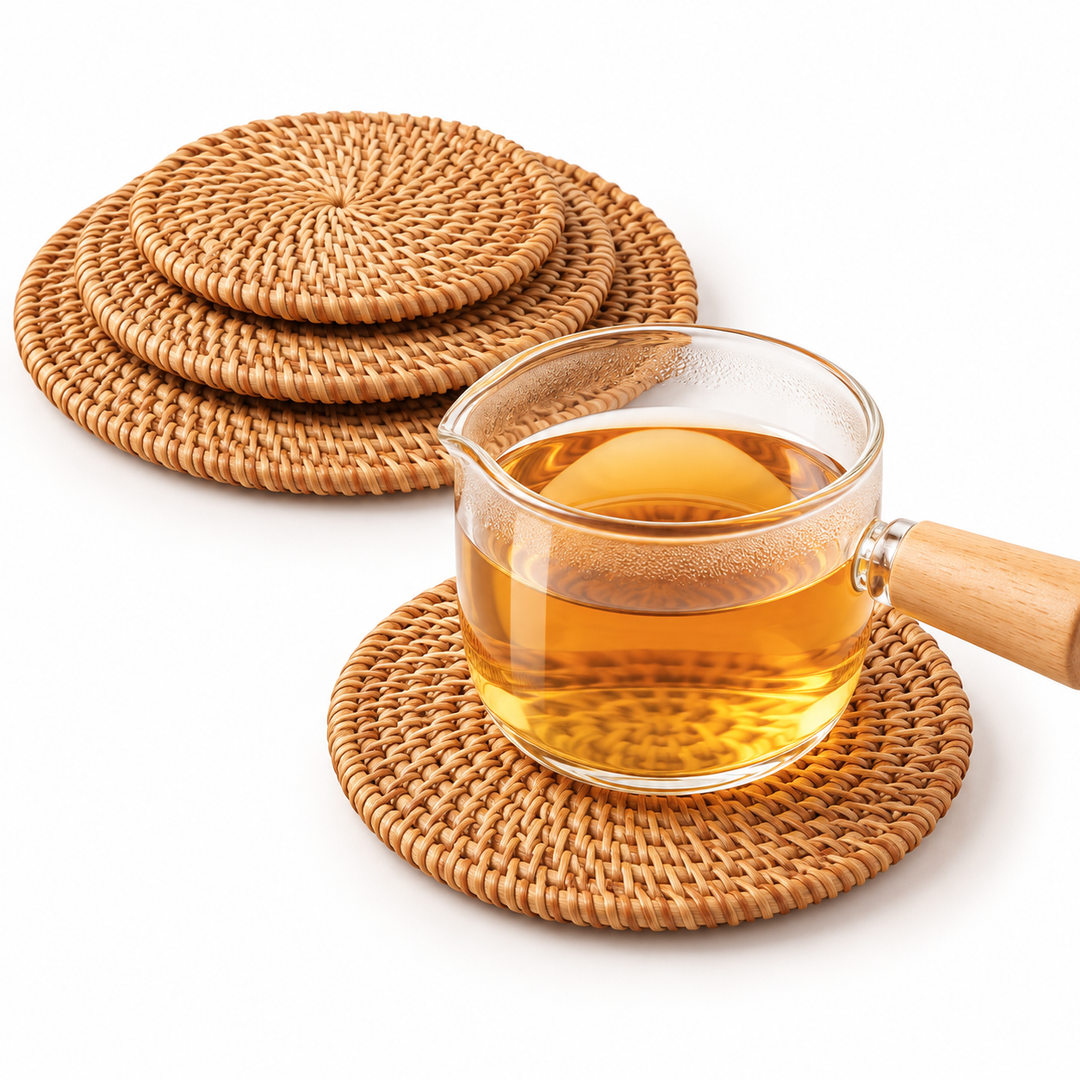 Handwoven Natural Rattan Round Drink Coaster Set Bowlift