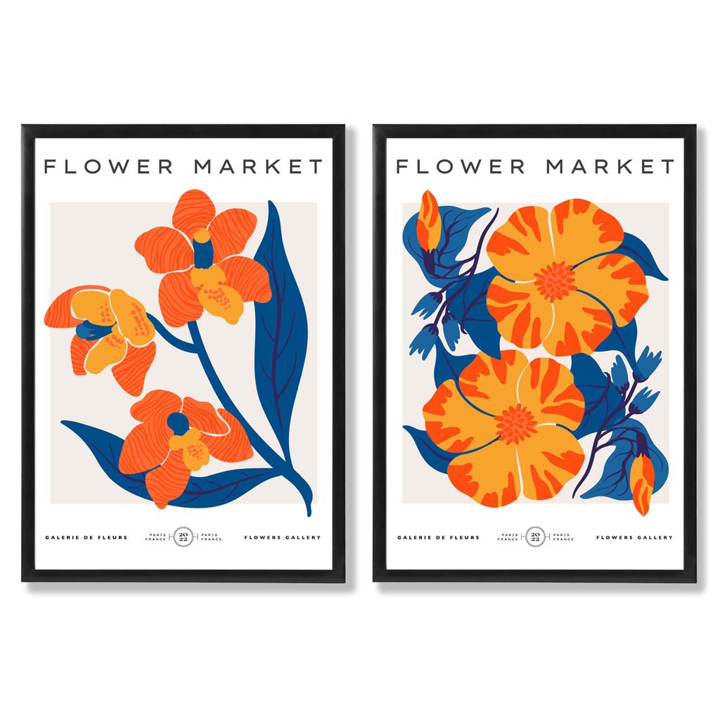 Bright Orange and Blue Spring Flower Market Framed Set of 2 Art Prints | Bowlift