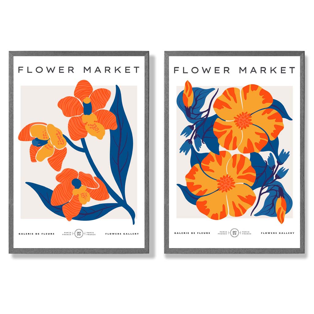 Bright Orange and Blue Spring Flower Market Framed Set of 2 Art Prints | Bowlift
