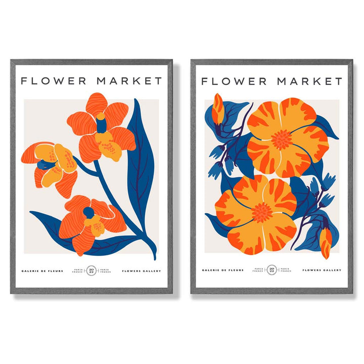 Bright Orange and Blue Spring Flower Market Framed Set of 2 Art Prints | Bowlift