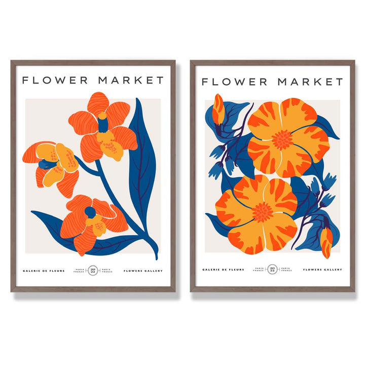Bright Orange and Blue Spring Flower Market Framed Set of 2 Art Prints | Bowlift