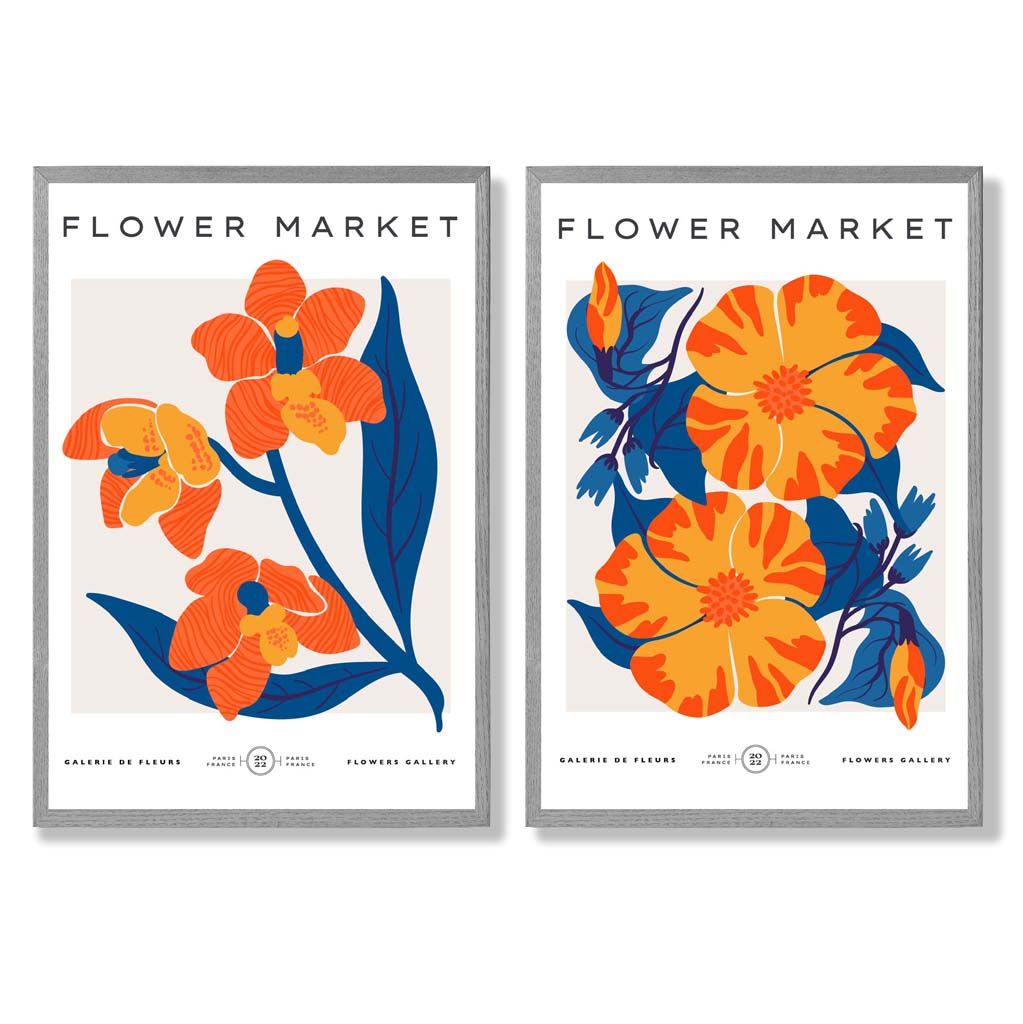 Bright Orange and Blue Spring Flower Market Framed Set of 2 Art Prints | Bowlift