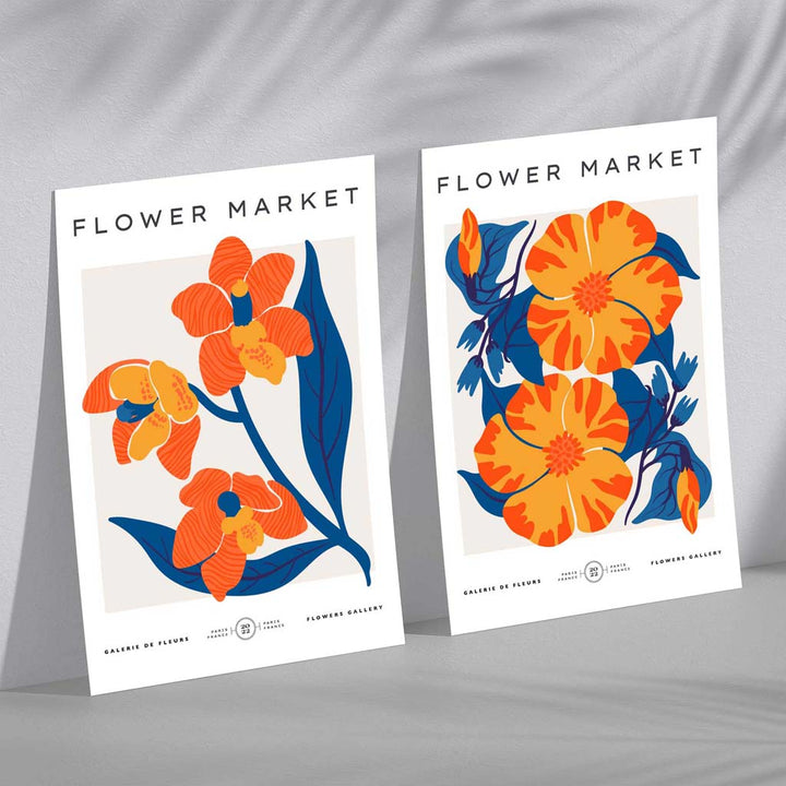 Bright Orange and Blue Spring Flower Market Framed Set of 2 Art Prints | Bowlift