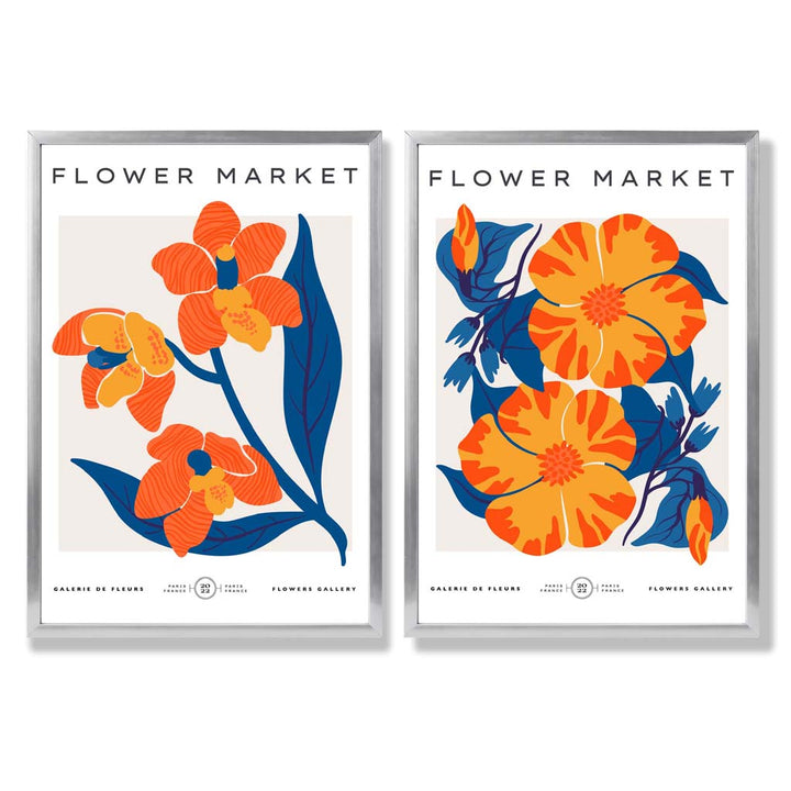 Bright Orange and Blue Spring Flower Market Framed Set of 2 Art Prints | Bowlift