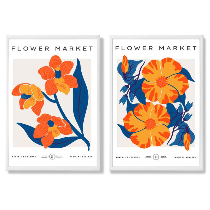 Bright Orange and Blue Spring Flower Market Framed Set of 2 Art Prints | Bowlift
