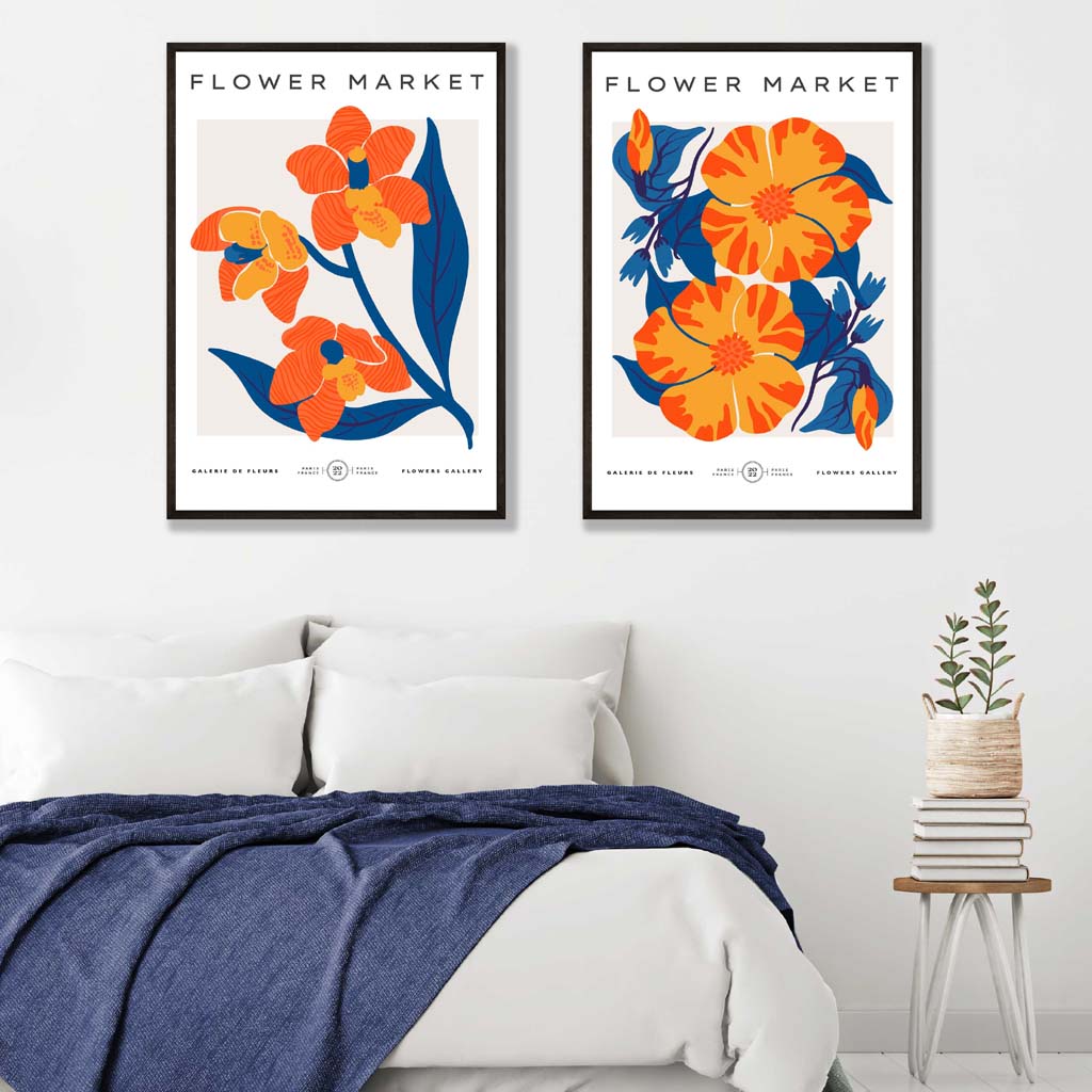 Bright Orange and Blue Spring Flower Market Framed Set of 2 Art Prints | Bowlift