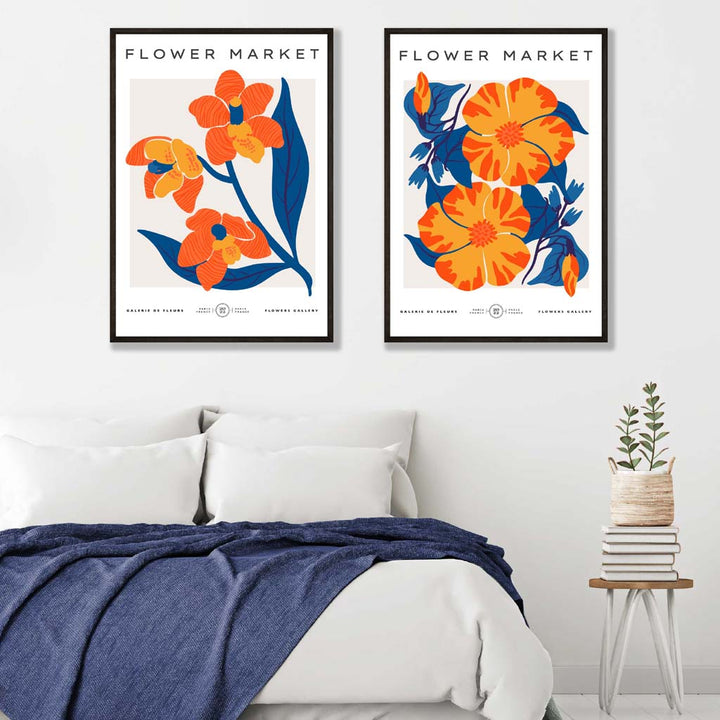 Bright Orange and Blue Spring Flower Market Framed Set of 2 Art Prints | Bowlift