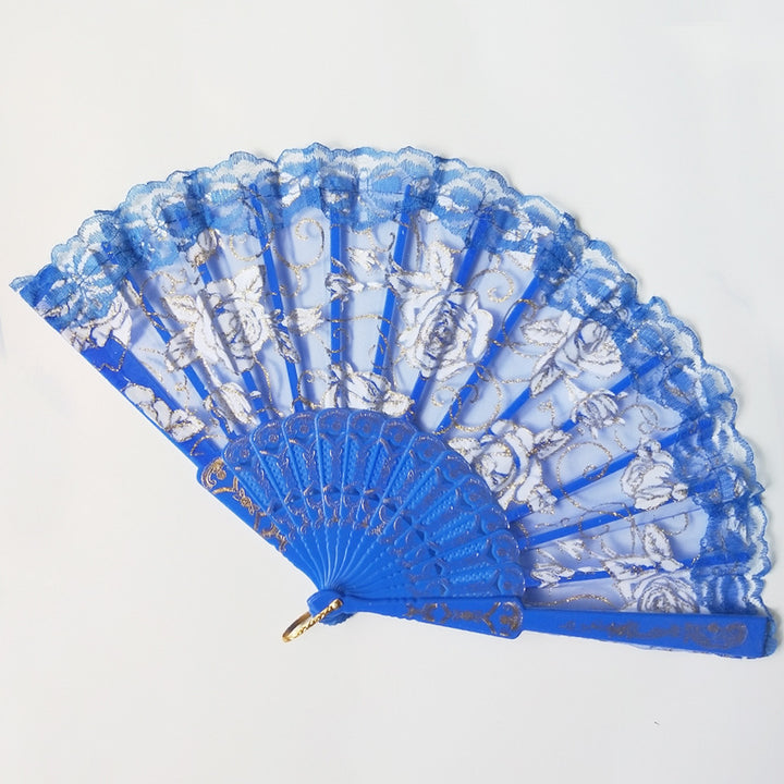 Ladies elegant fan made of sheer lace with floral embellishments Bowlift