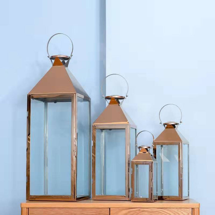 Stainless Steel Glass Hurricane Lantern Set with Hinged Door and Top Carry Ring Bowlift