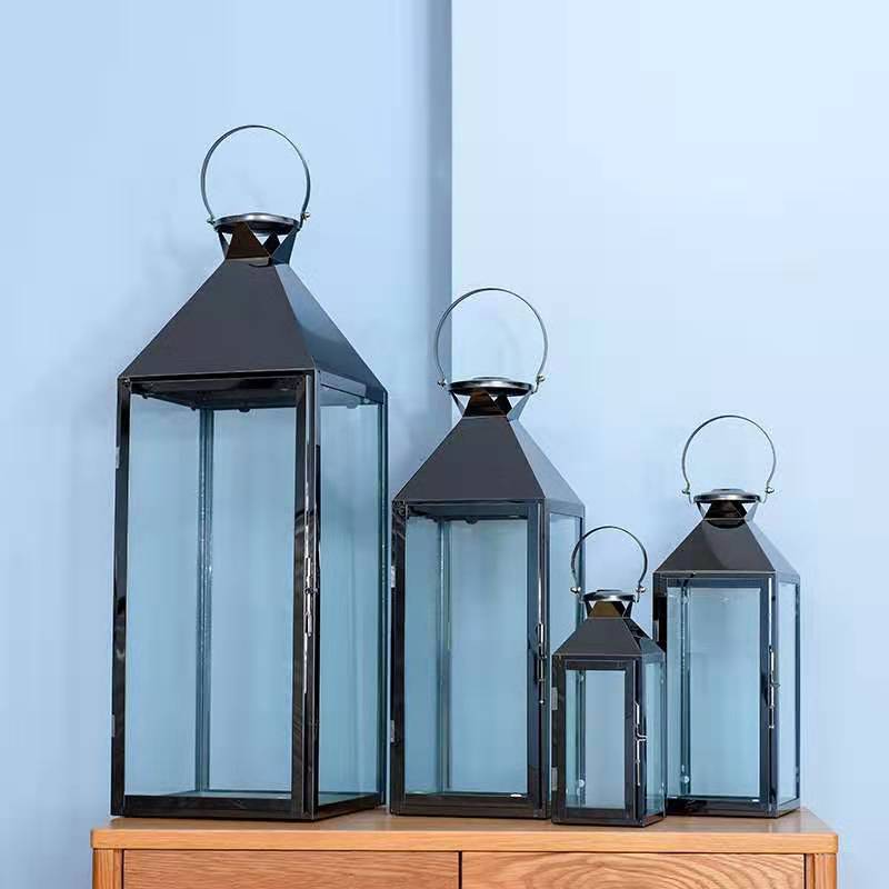 Stainless Steel Glass Hurricane Lantern Set with Hinged Door and Top Carry Ring Bowlift