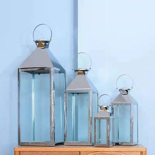 Stainless Steel Glass Hurricane Lantern Set with Hinged Door and Top Carry Ring Bowlift