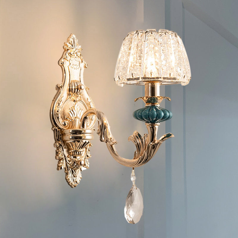 BowLift | Gold Small Drum Wall Mount Lighting Traditional Etched Crystal 1/2-Bulb Bedroom Wall Lamp Fixture