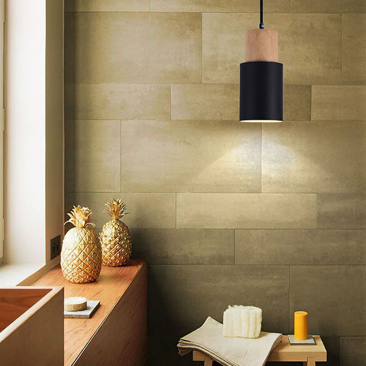 BowLift | Pendant Light Modern Wood Black Cylinder Fixture