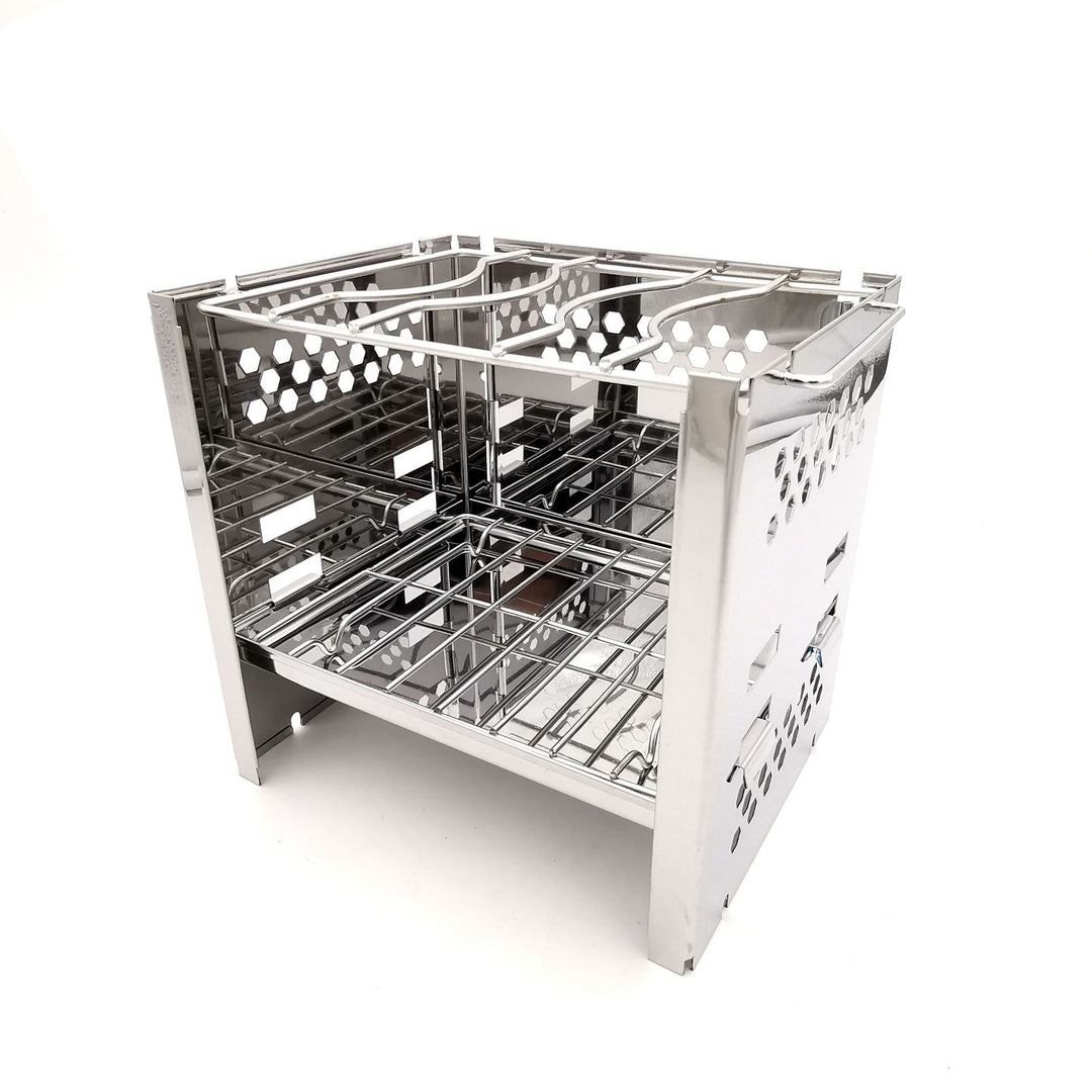 stainless steel collapsible portable camping grill with multi-tier racks and integrated skewer holders Bowlift