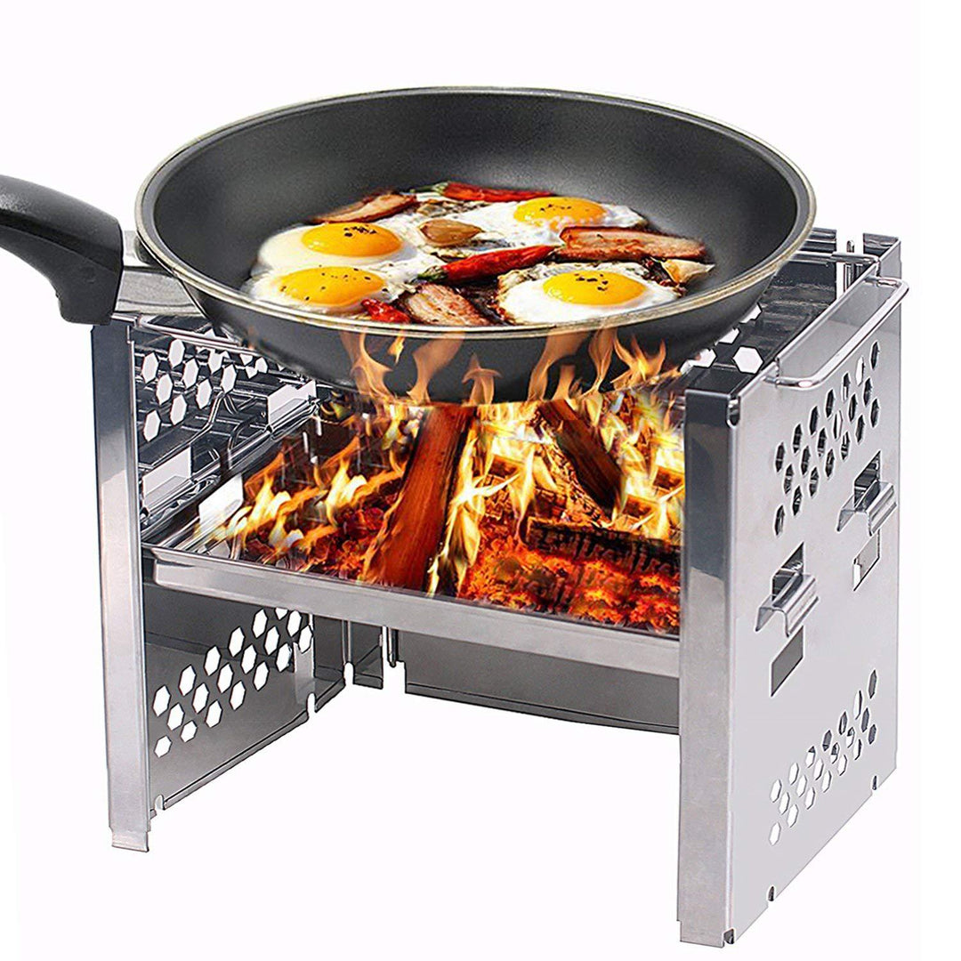 stainless steel collapsible portable camping grill with multi-tier racks and integrated skewer holders Bowlift