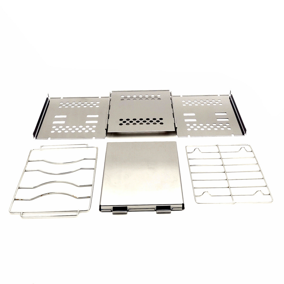 stainless steel collapsible portable camping grill with multi-tier racks and integrated skewer holders Bowlift
