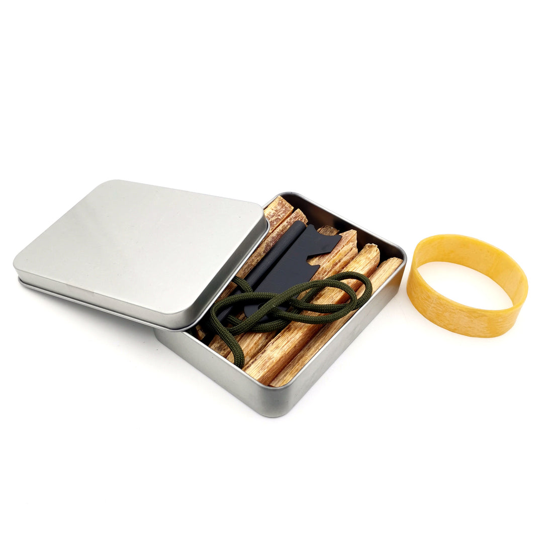 compact emergency fire starter kit with ferrocerium rod striker waxed tinder sticks and lightweight metal storage tin Bowlift