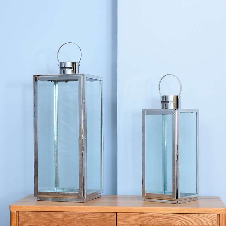 Tall Rectangular Stainless Steel Glass Panel Lantern with Hinged Door and Loop Handle Bowlift