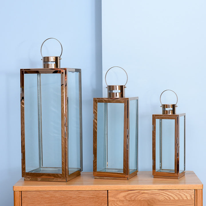 Tall Rectangular Stainless Steel Glass Panel Lantern with Hinged Door and Loop Handle Bowlift