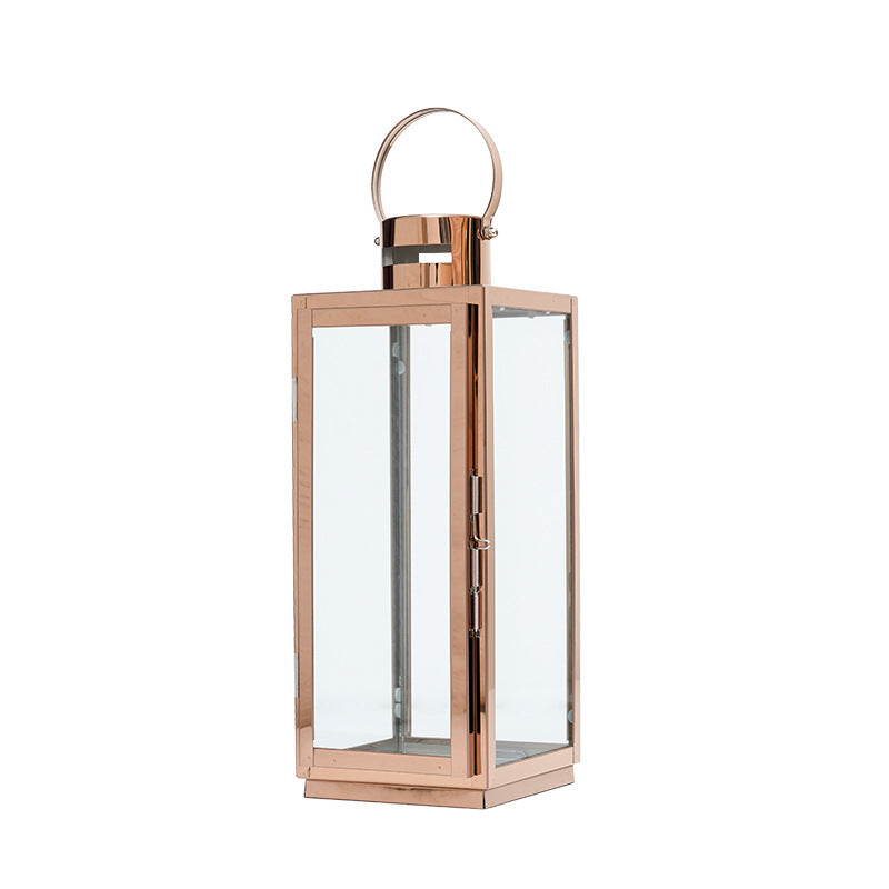Tall Rectangular Stainless Steel Glass Panel Lantern with Hinged Door and Loop Handle Bowlift