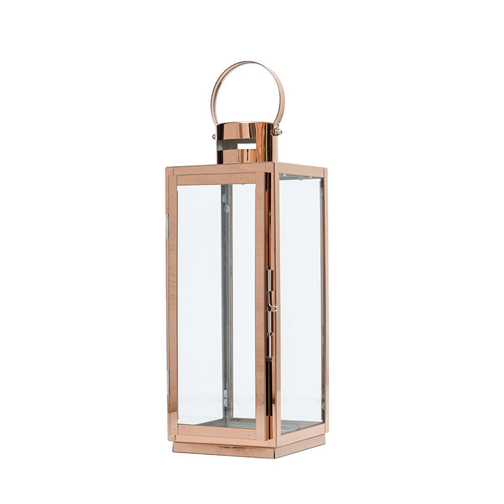 Tall Rectangular Stainless Steel Glass Panel Lantern with Hinged Door and Loop Handle Bowlift