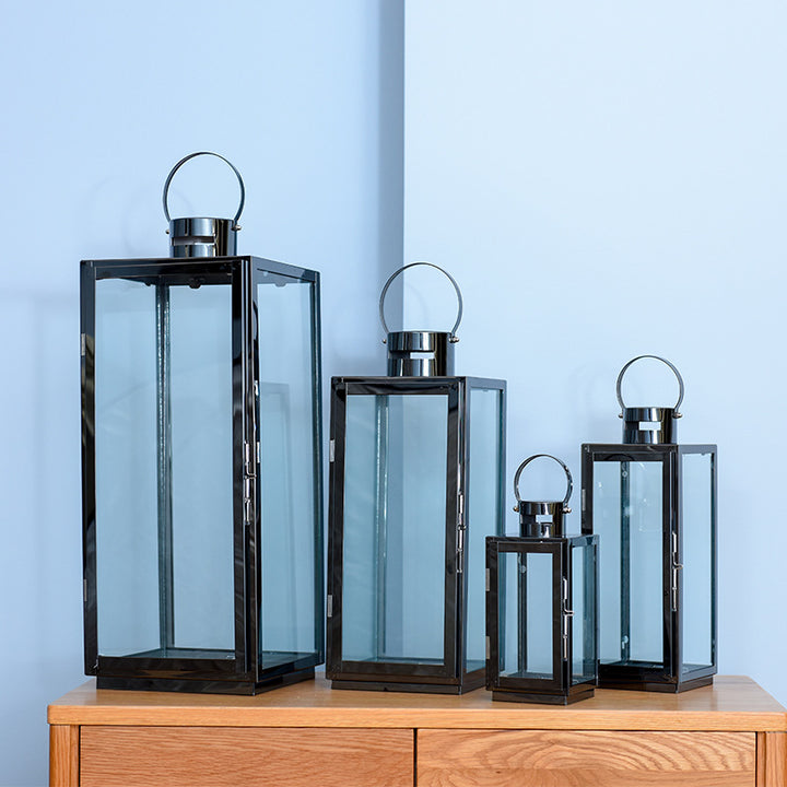 Tall Rectangular Stainless Steel Glass Panel Lantern with Hinged Door and Loop Handle Bowlift
