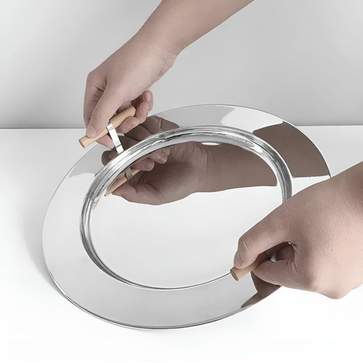 BowLift | Elegant Stainless Steel Round Tray with Wooden Handles