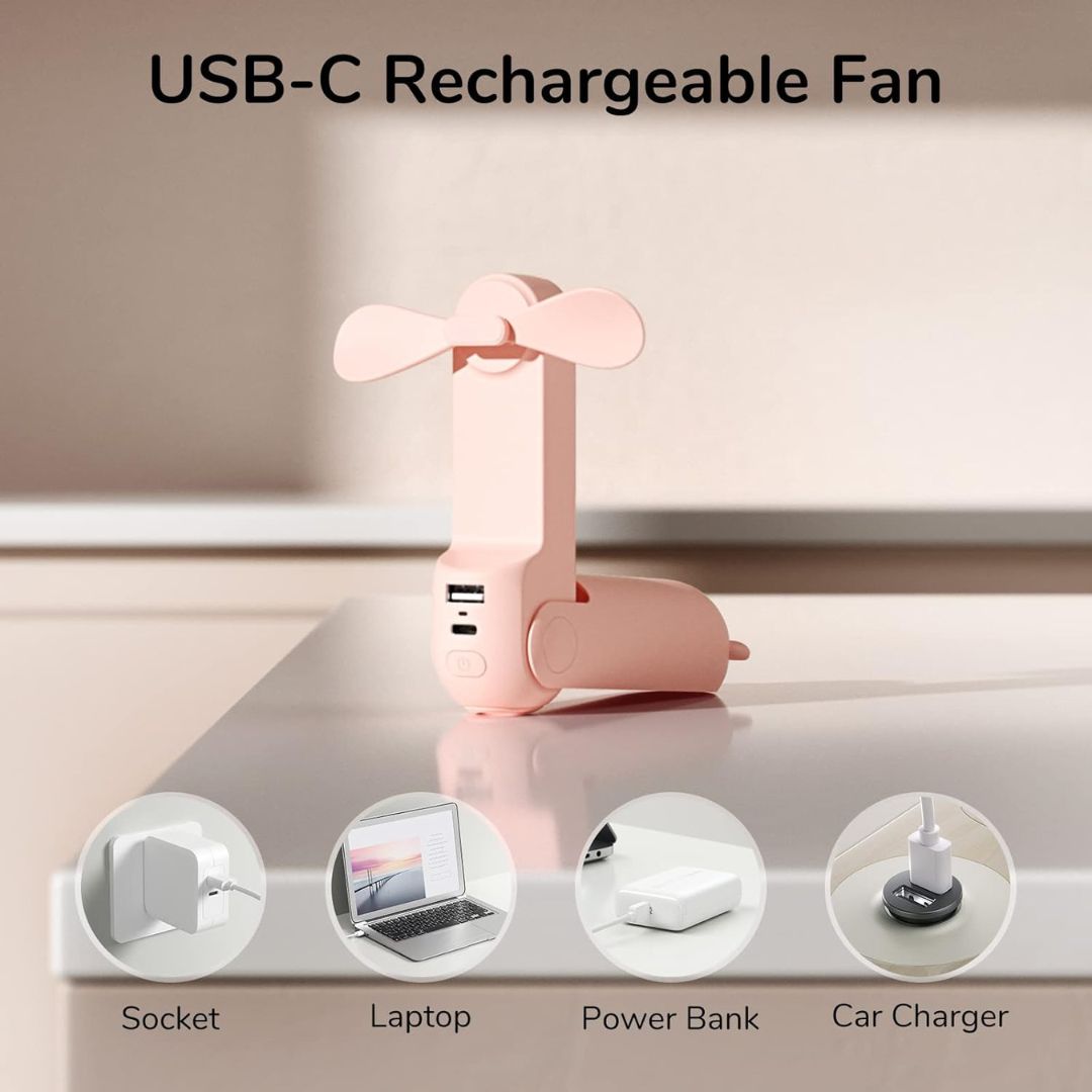 3 In 1 Handheld Mini Fan | USB Rechargeable, Foldable Design & Ideal for Travel, Camping, and Outdoor Activities | Bowlift