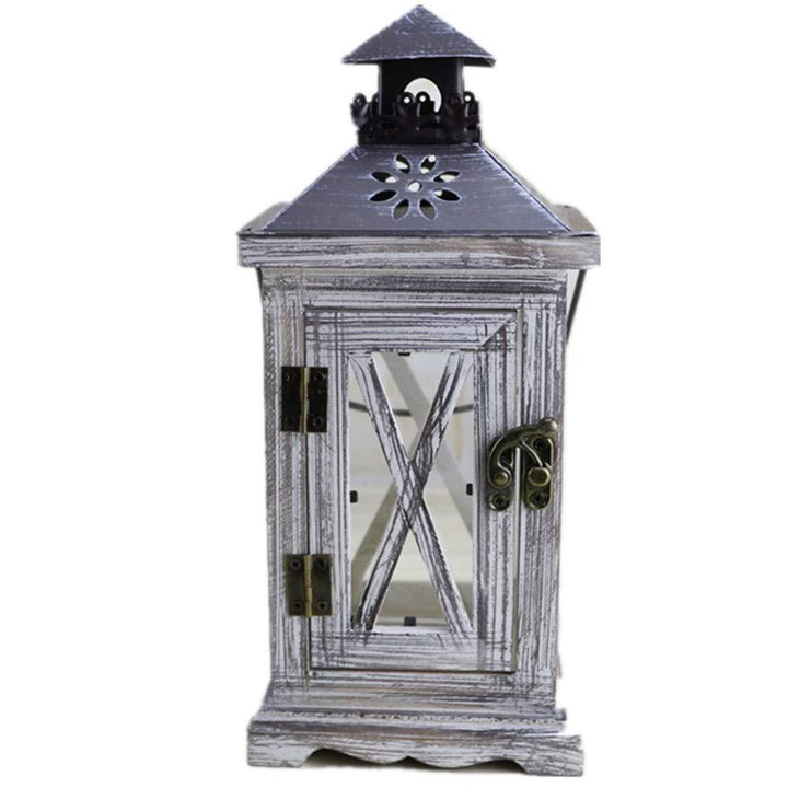 Antique-Style Glass Pane Window Lantern with Distressed Wood Frame and Vented Metal Roof Bowlift