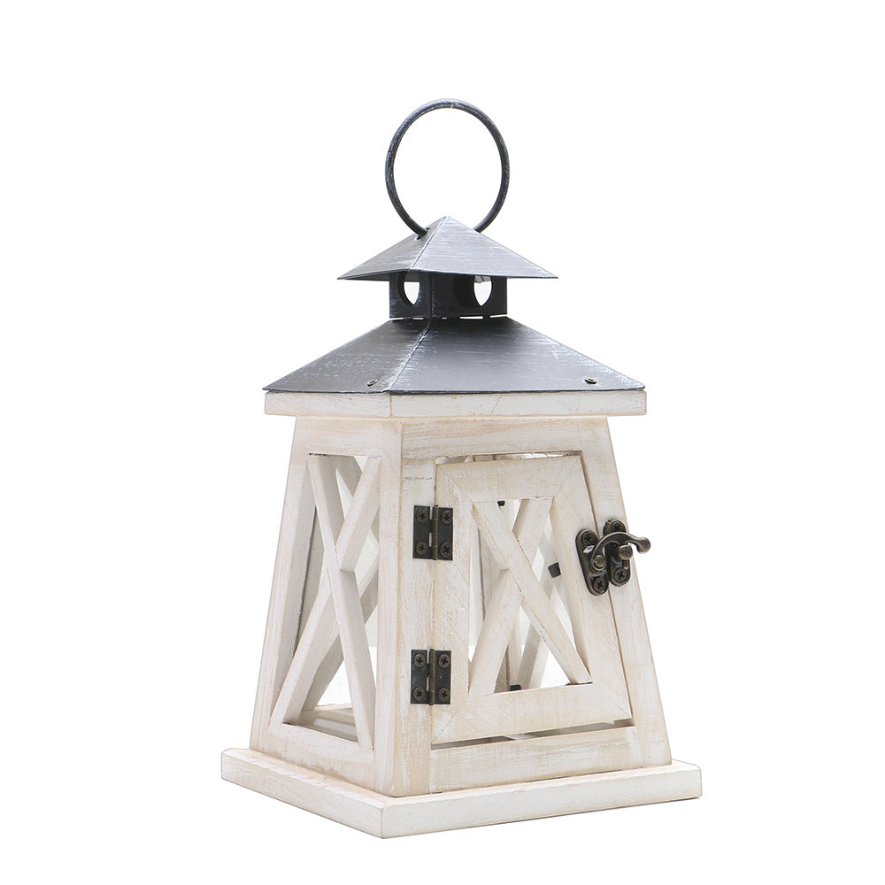 Rustic Distressed Wood Lantern Candle Holder with Glass Panels and Metal Roof Bowlift
