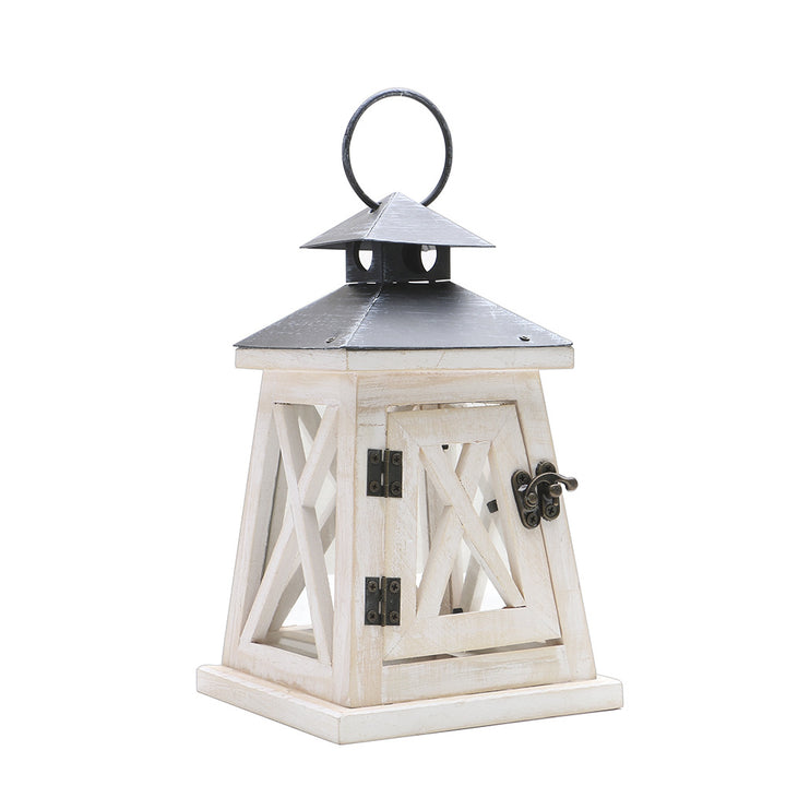 Rustic Distressed Wood Lantern Candle Holder with Glass Panels and Metal Roof Bowlift