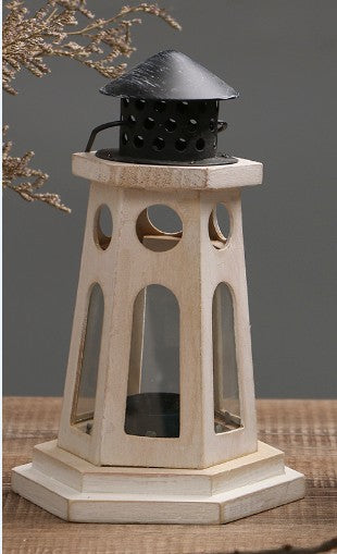 Rustic Distressed Wood Lantern Candle Holder with Glass Panels and Metal Roof Bowlift