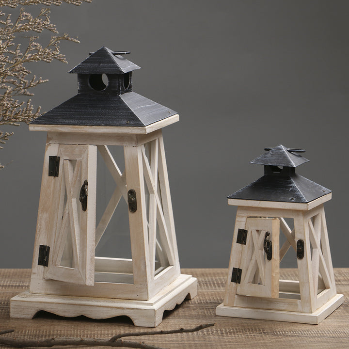 Rustic Distressed Wood Lantern Candle Holder with Glass Panels and Metal Roof Bowlift