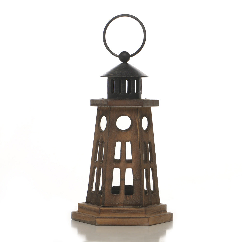 Rustic Distressed Wood Lantern Candle Holder with Glass Panels and Metal Roof Bowlift